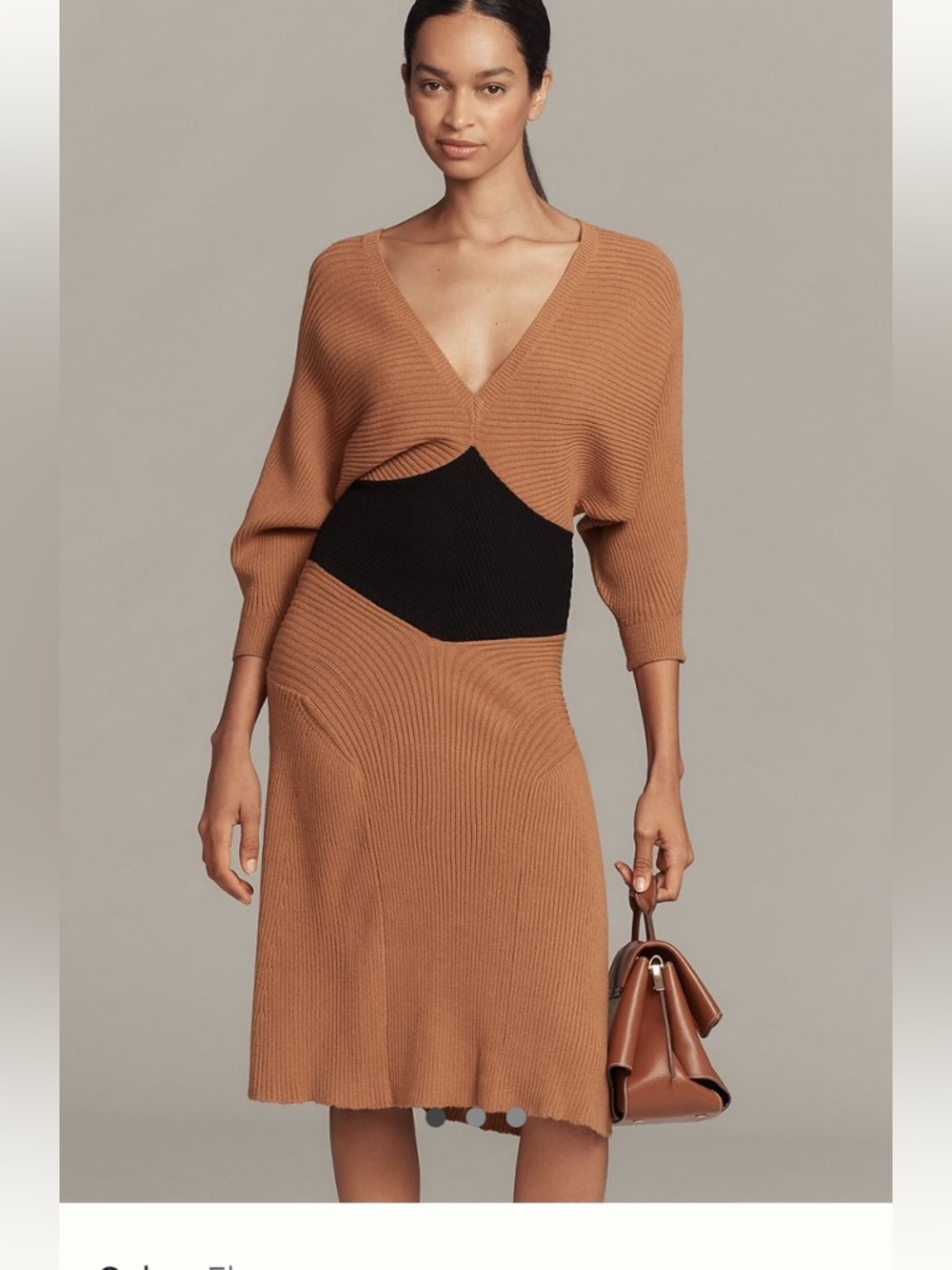 NWT Anthropologie Flax and Black Smocked-Waist Ribbed Sweater Dress